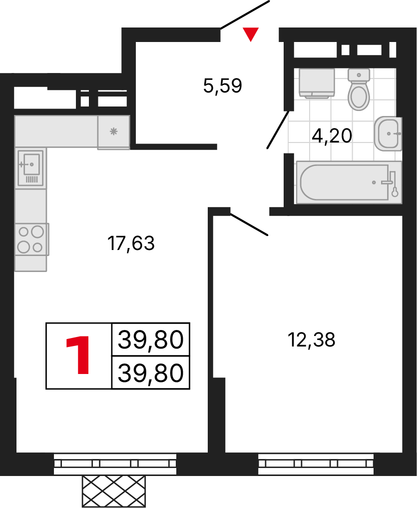 1 комната, 39,80 м²