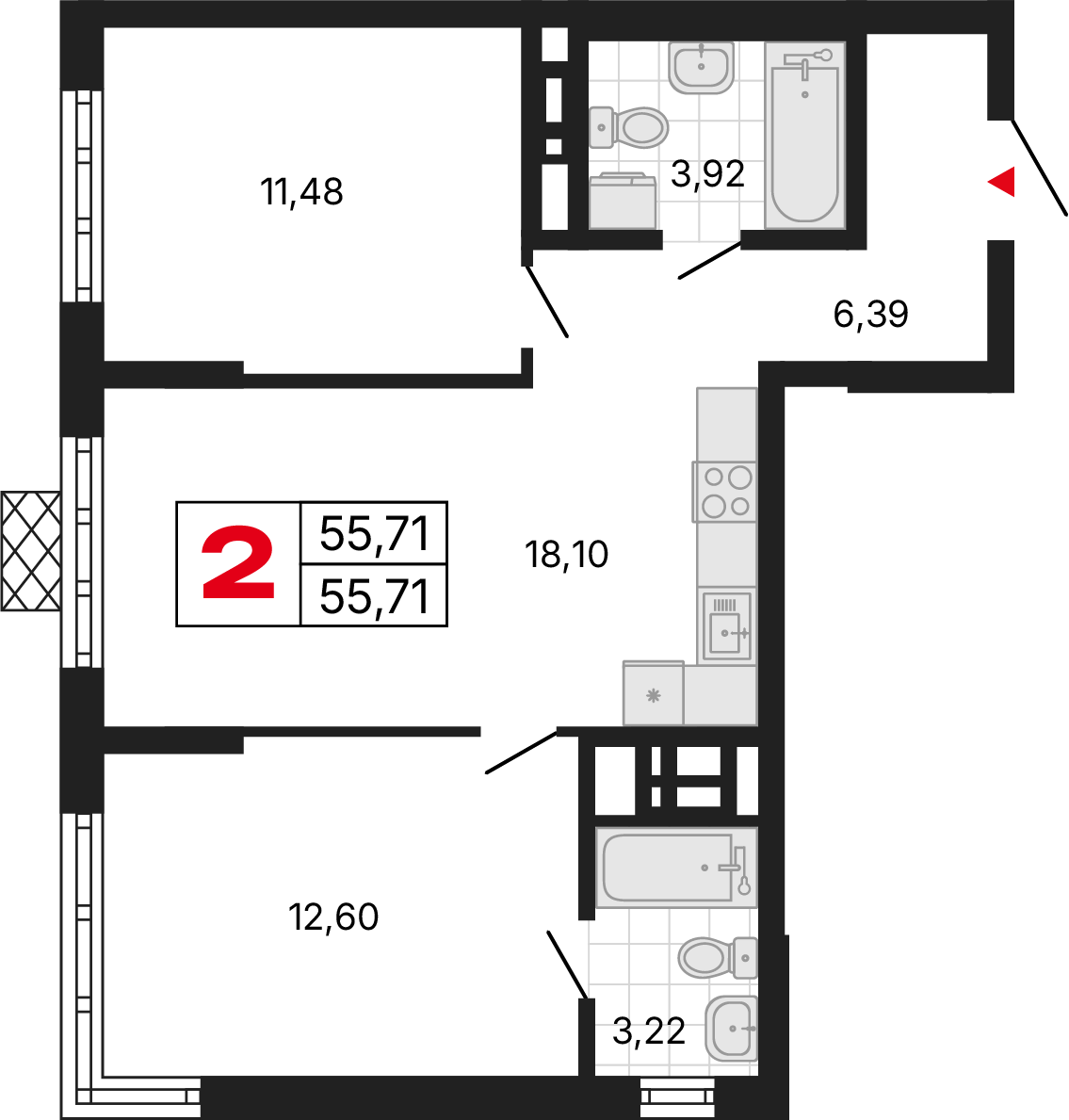 2 комнаты, 55,71 м²
