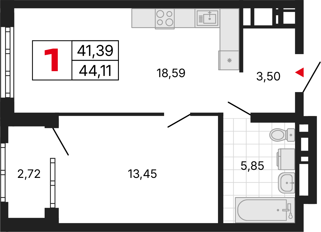 1 комната, 44,11 м²