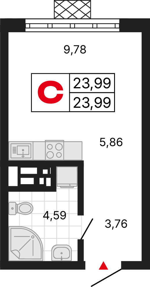 1 комната, 23,99 м²