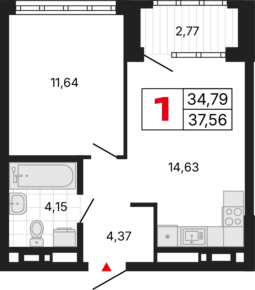 1 комната, 37,56 м²