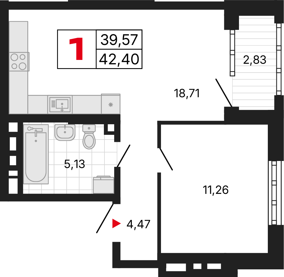1 комната, 42,40 м²
