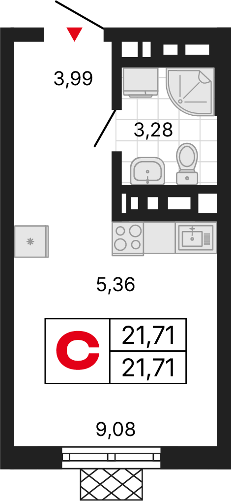 1 комната, 21,71 м²
