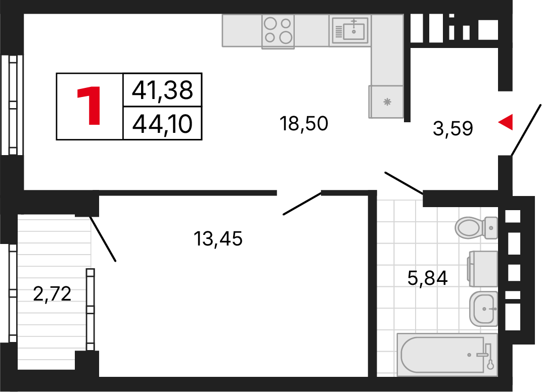 1 комната, 44,10 м²