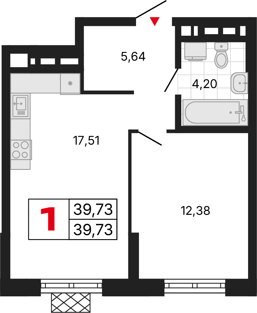 1 комната, 39,73 м²