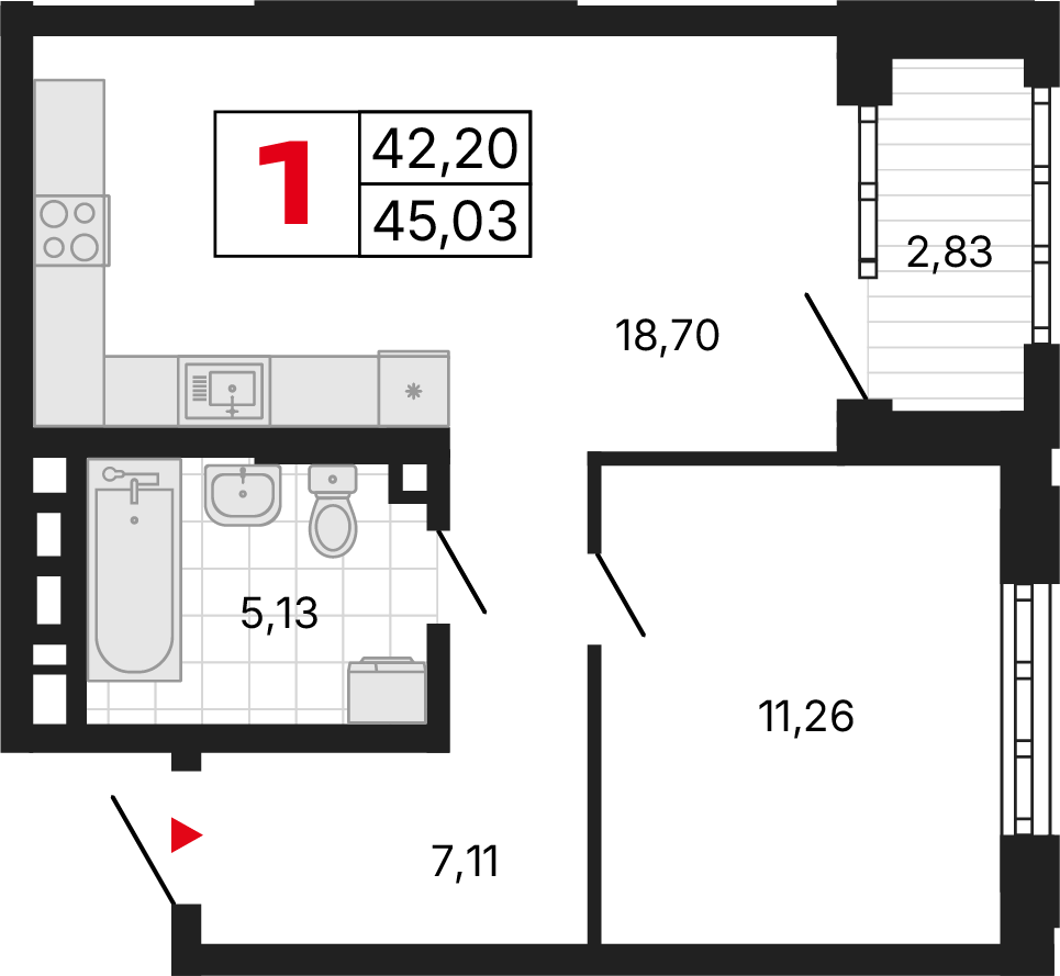 1 комната, 45,03 м²