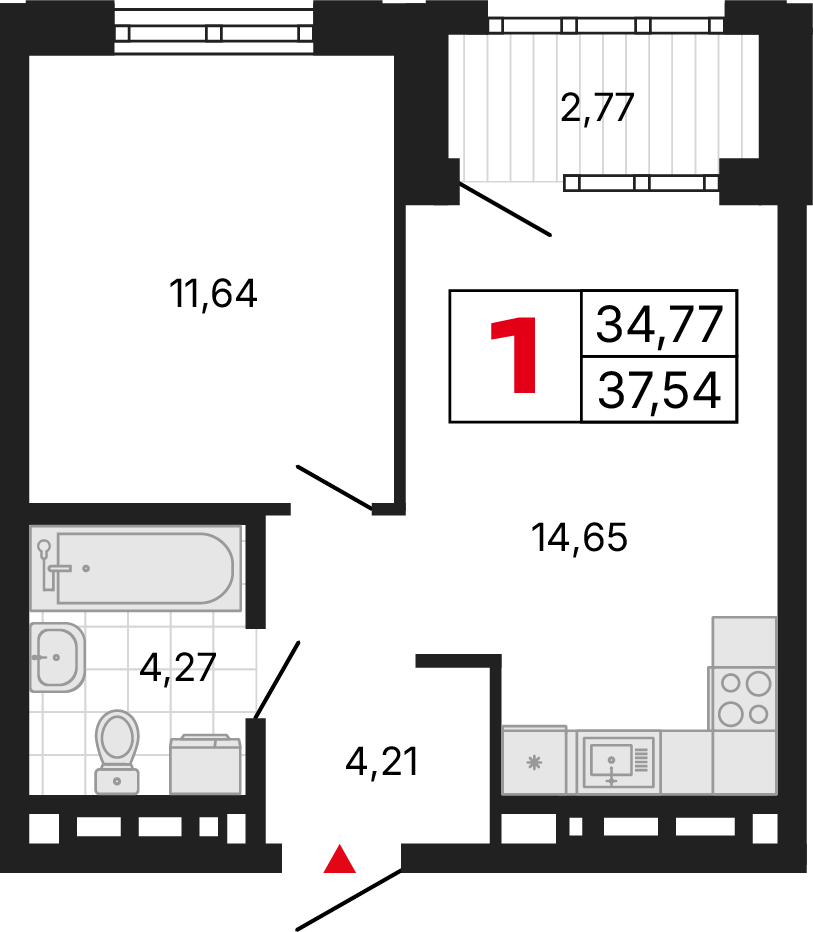 1 комната, 37,54 м²