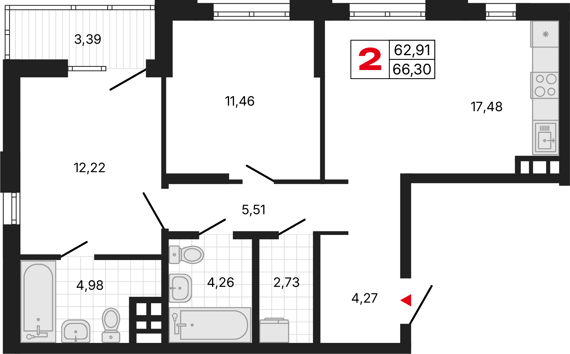 2 комнаты, 66,13 м²