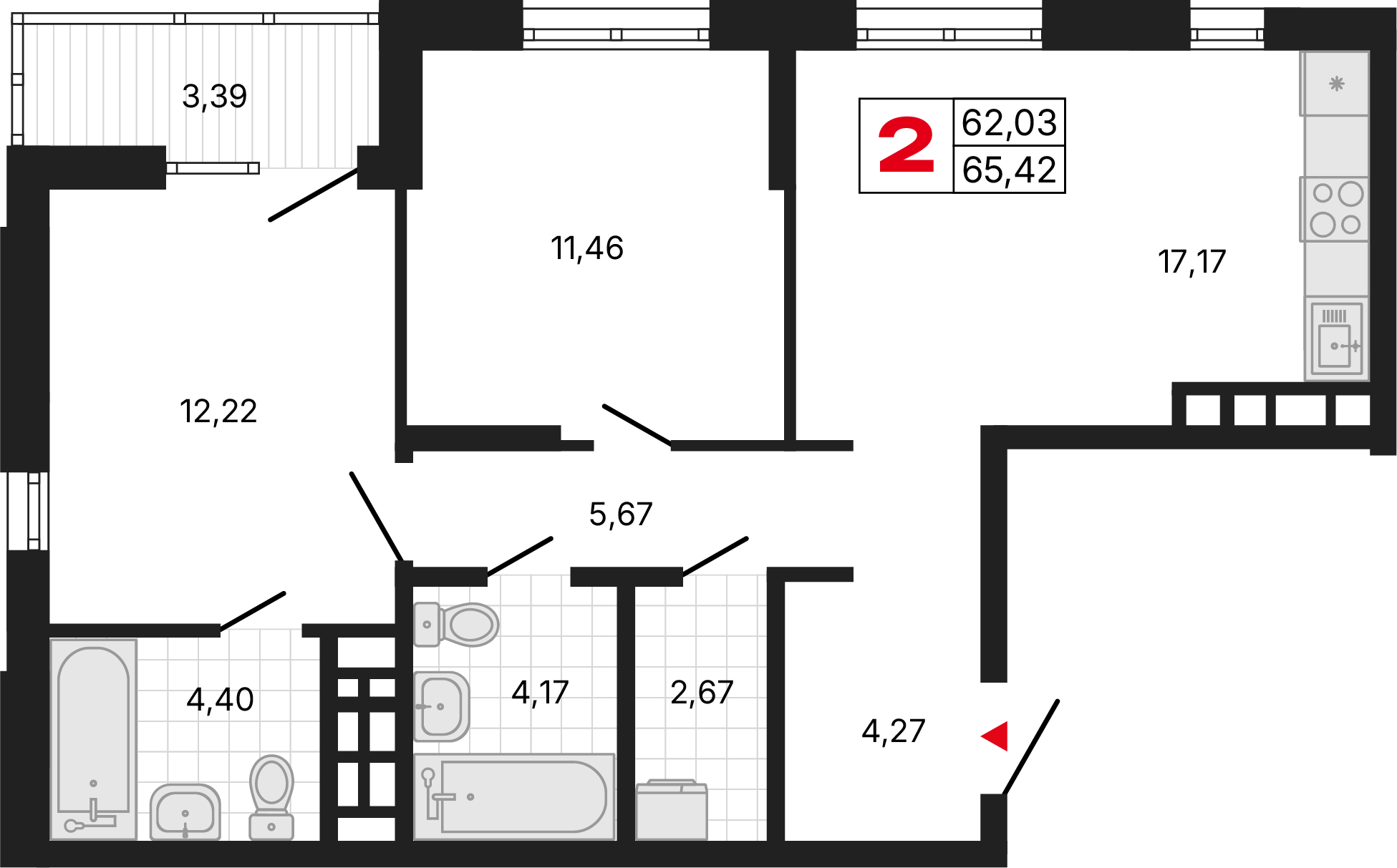 2 комнаты, 65,42 м²
