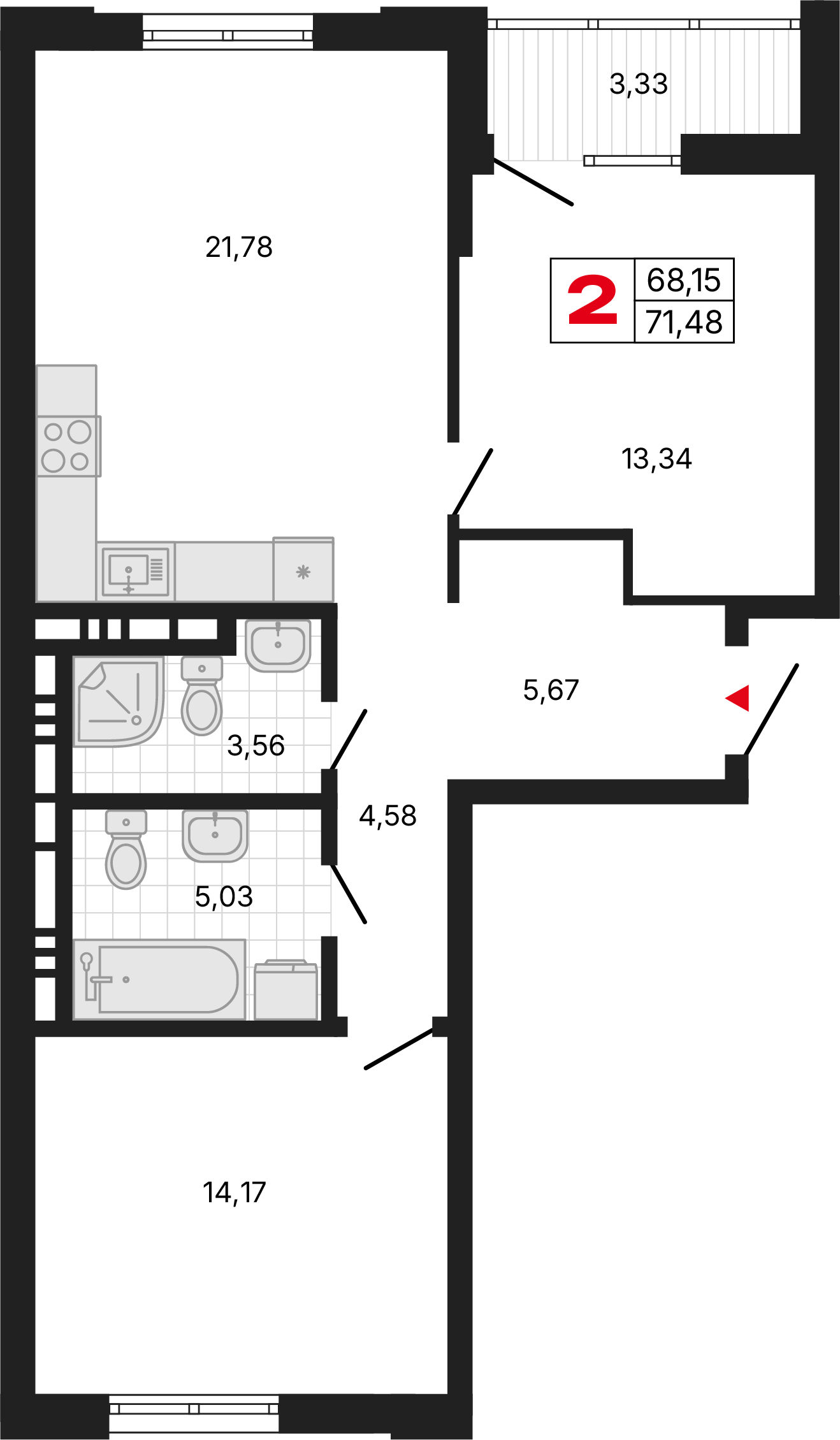 2 комнаты, 71,46 м²