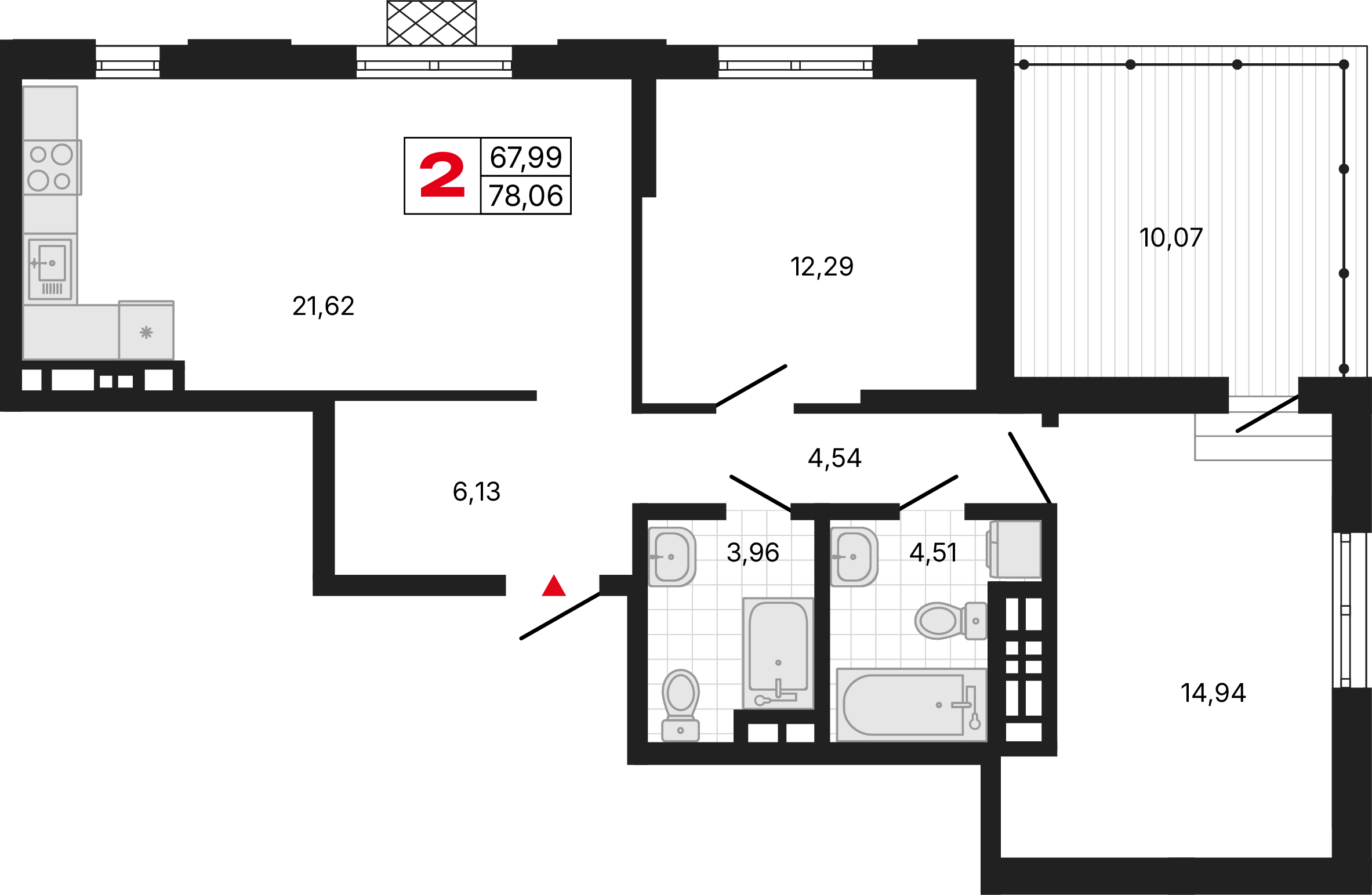2 комнаты, 78,05 м²