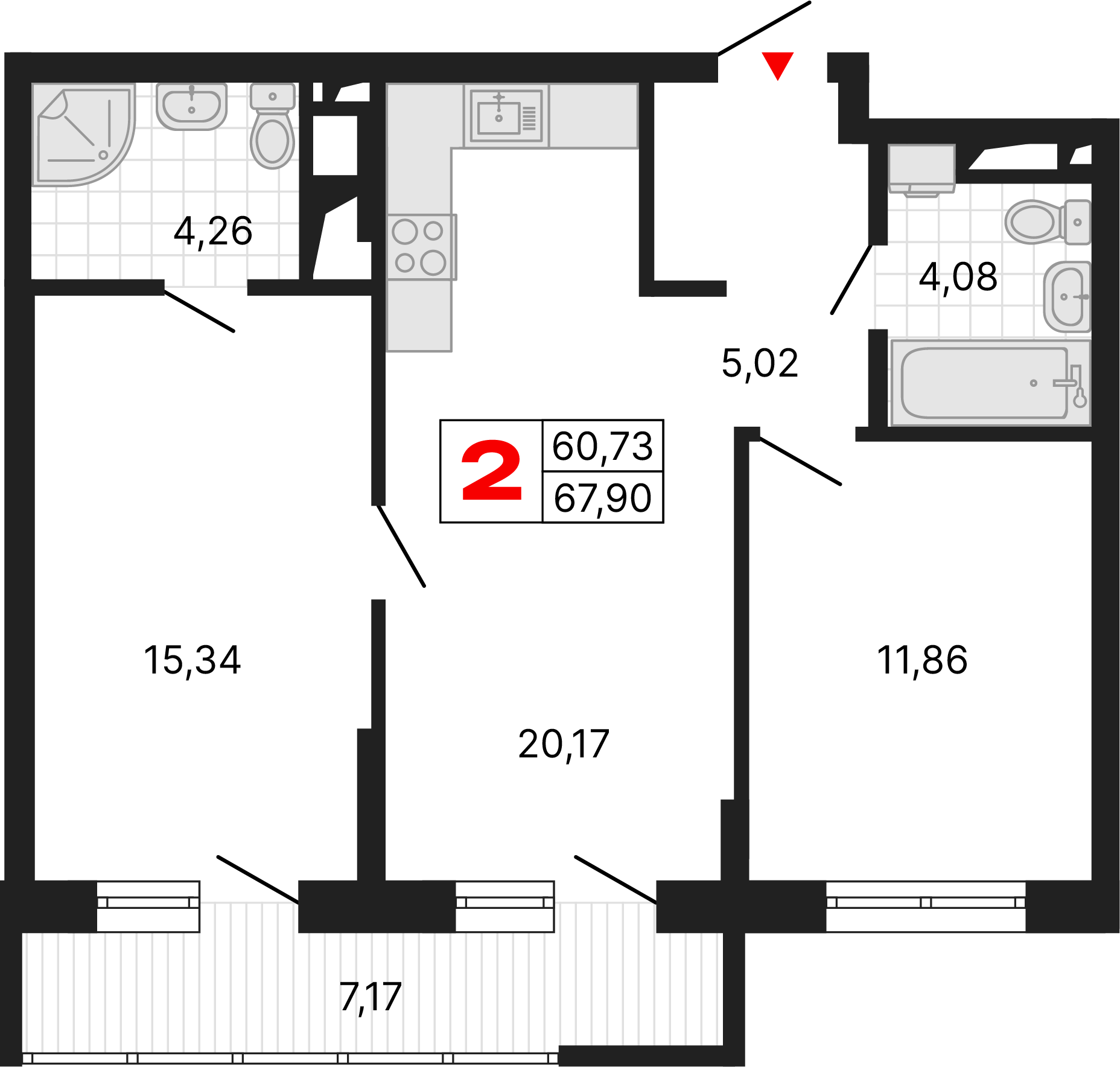 2 комнаты, 67,90 м²