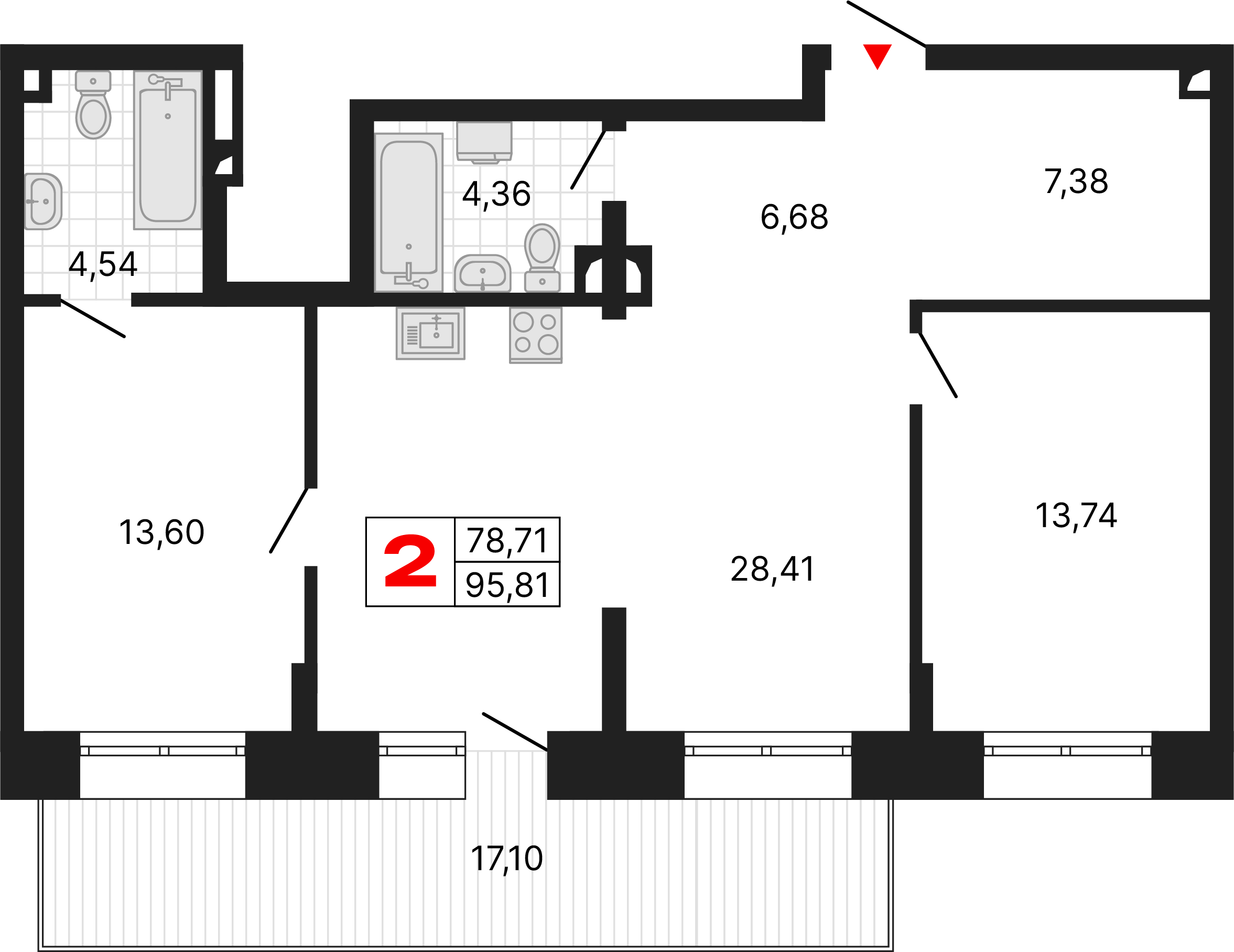 2 комнаты, 95,81 м²