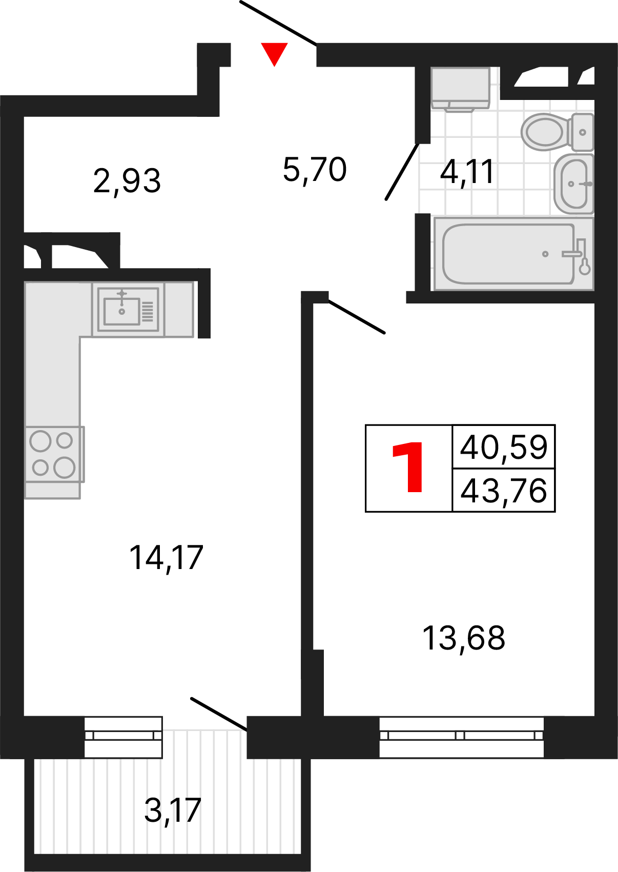 1 комната, 43,76 м²