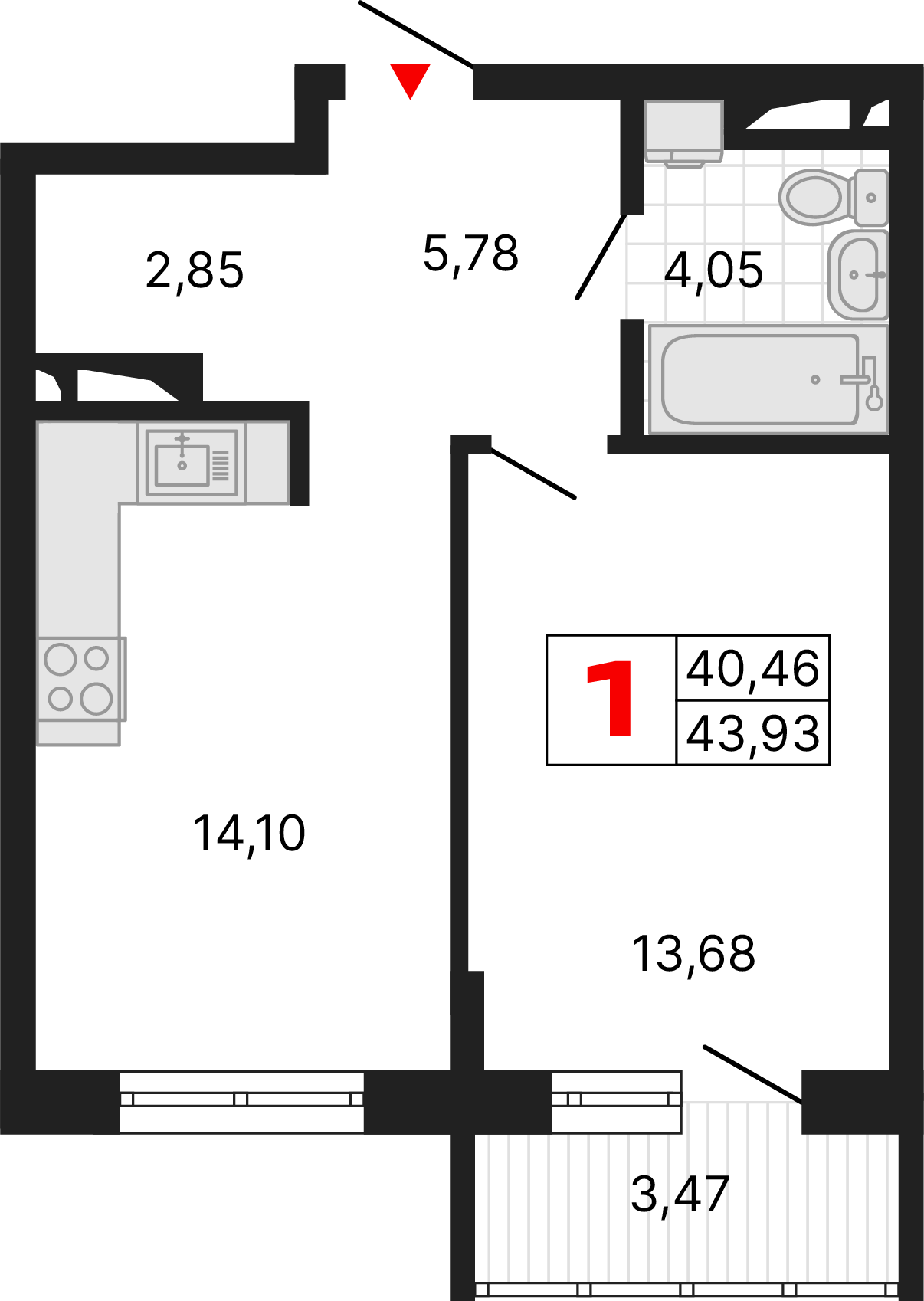 1 комната, 43,93 м²