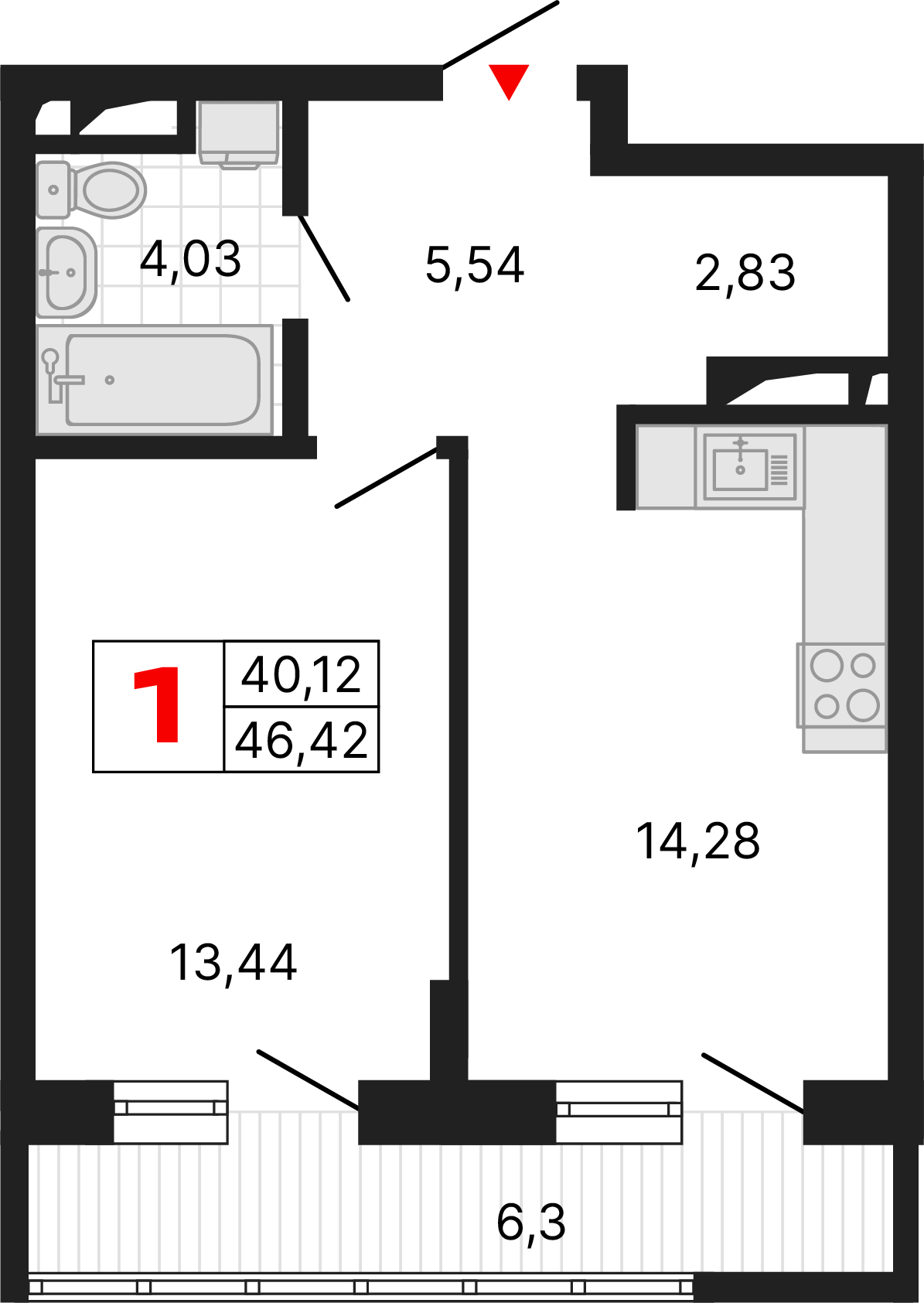 1 комната, 46,42 м²