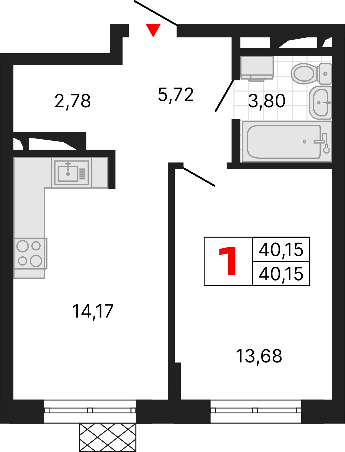 1 комната, 40,15 м²