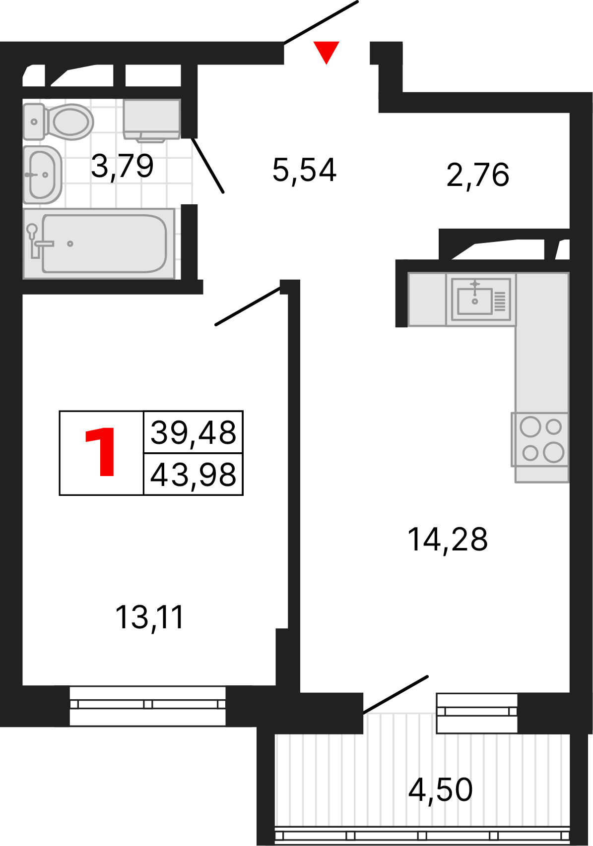1 комната, 43,98 м²