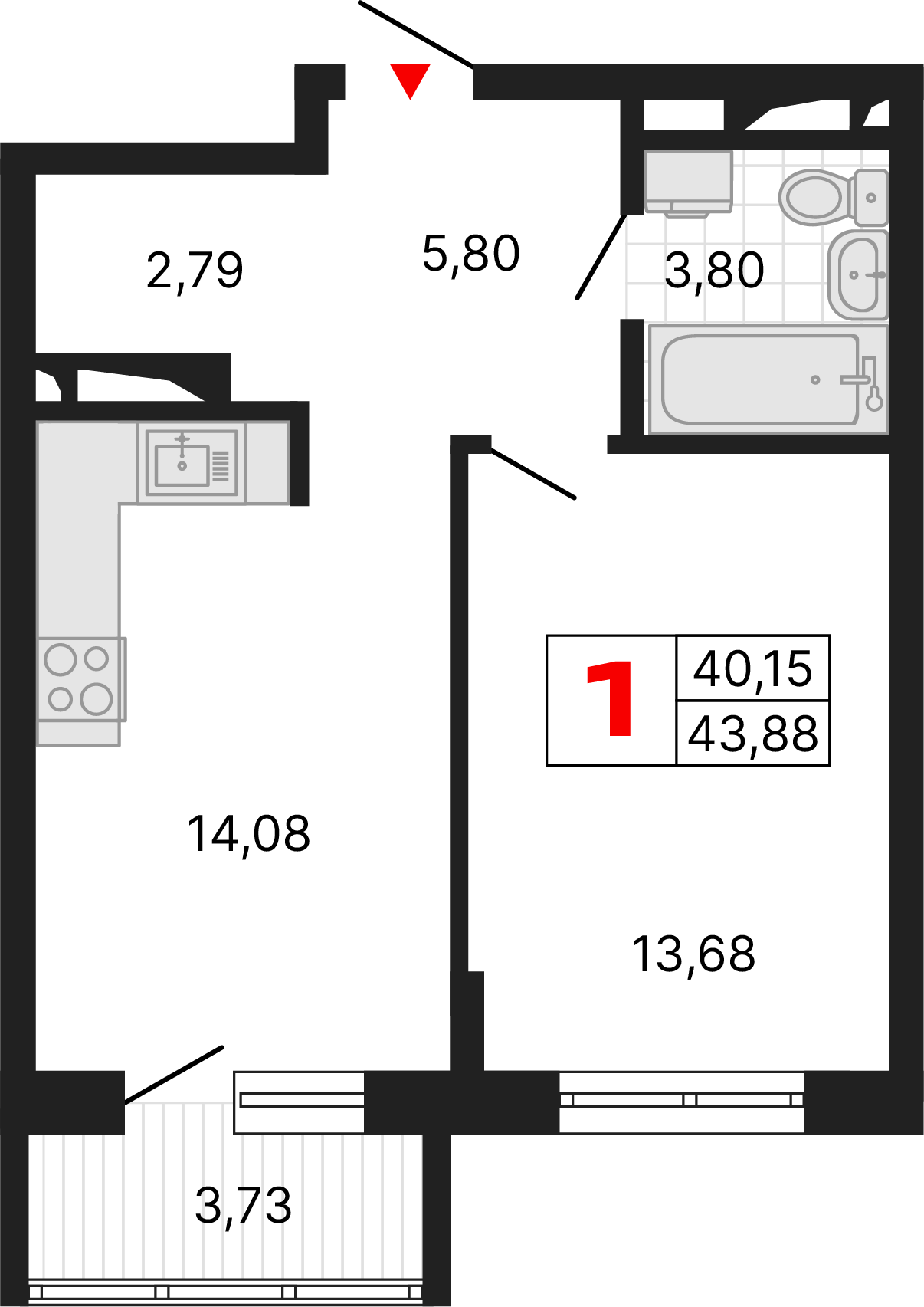1 комната, 43,88 м²