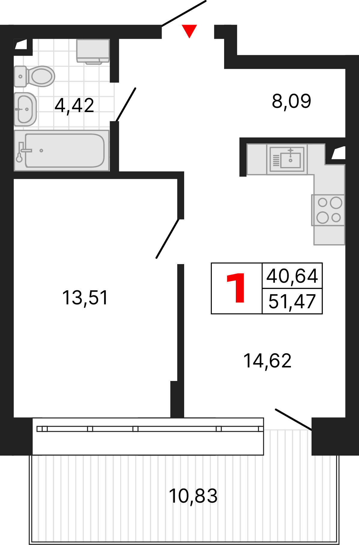 1 комната, 51,47 м²