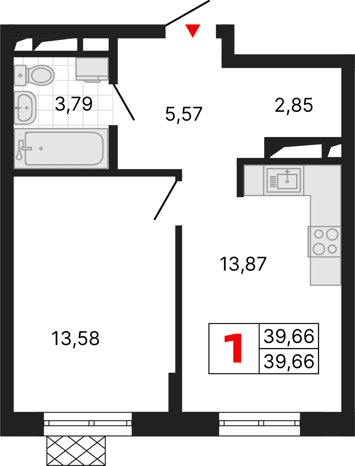 1 комната, 39,66 м²