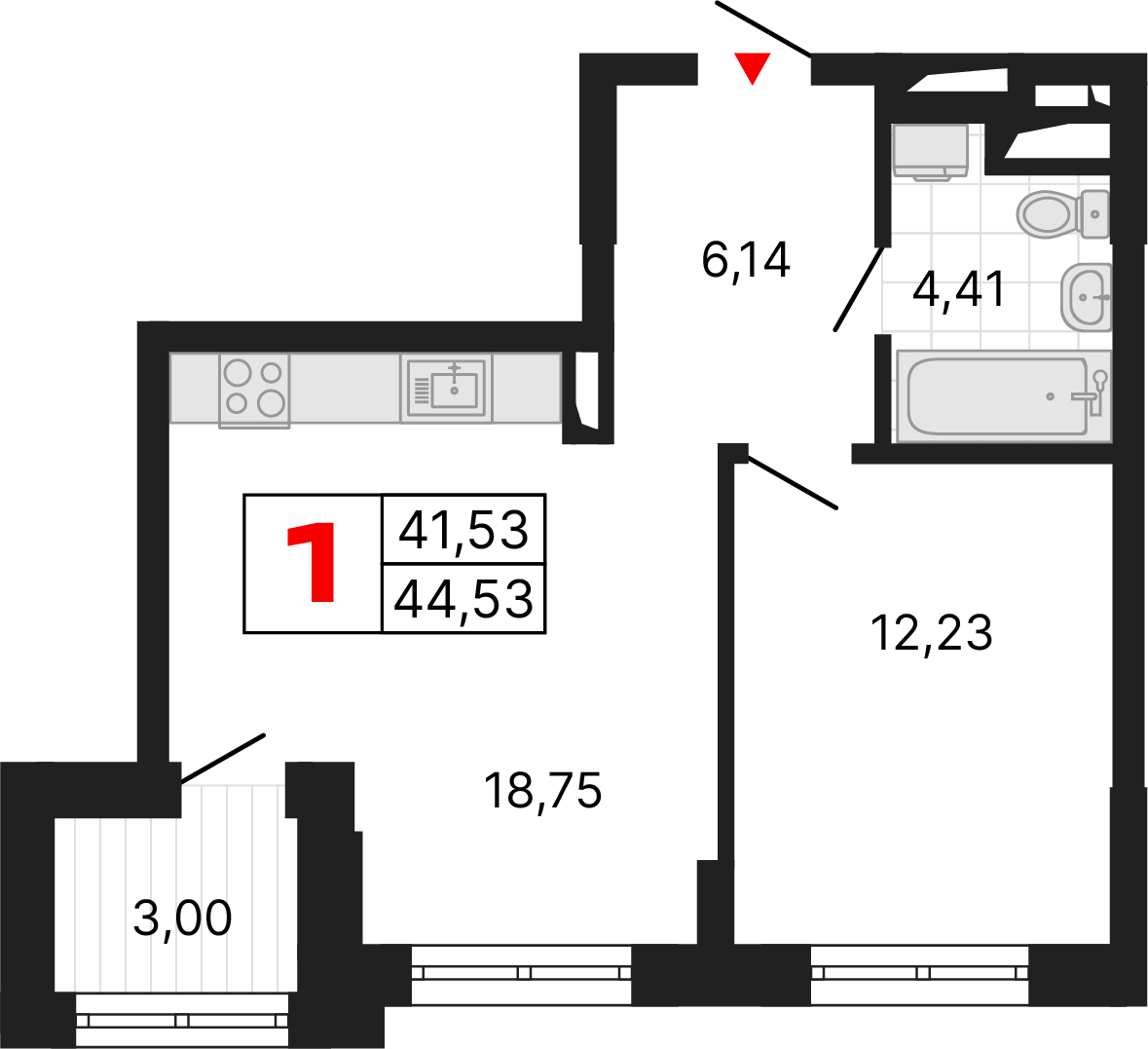 1 комната, 44,53 м²