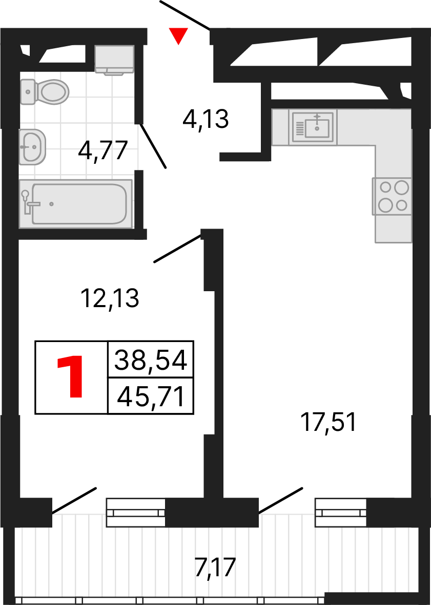 1 комната, 45,71 м²