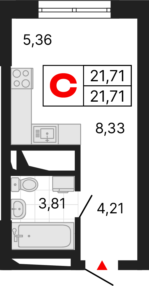 1 комната, 21,71 м²