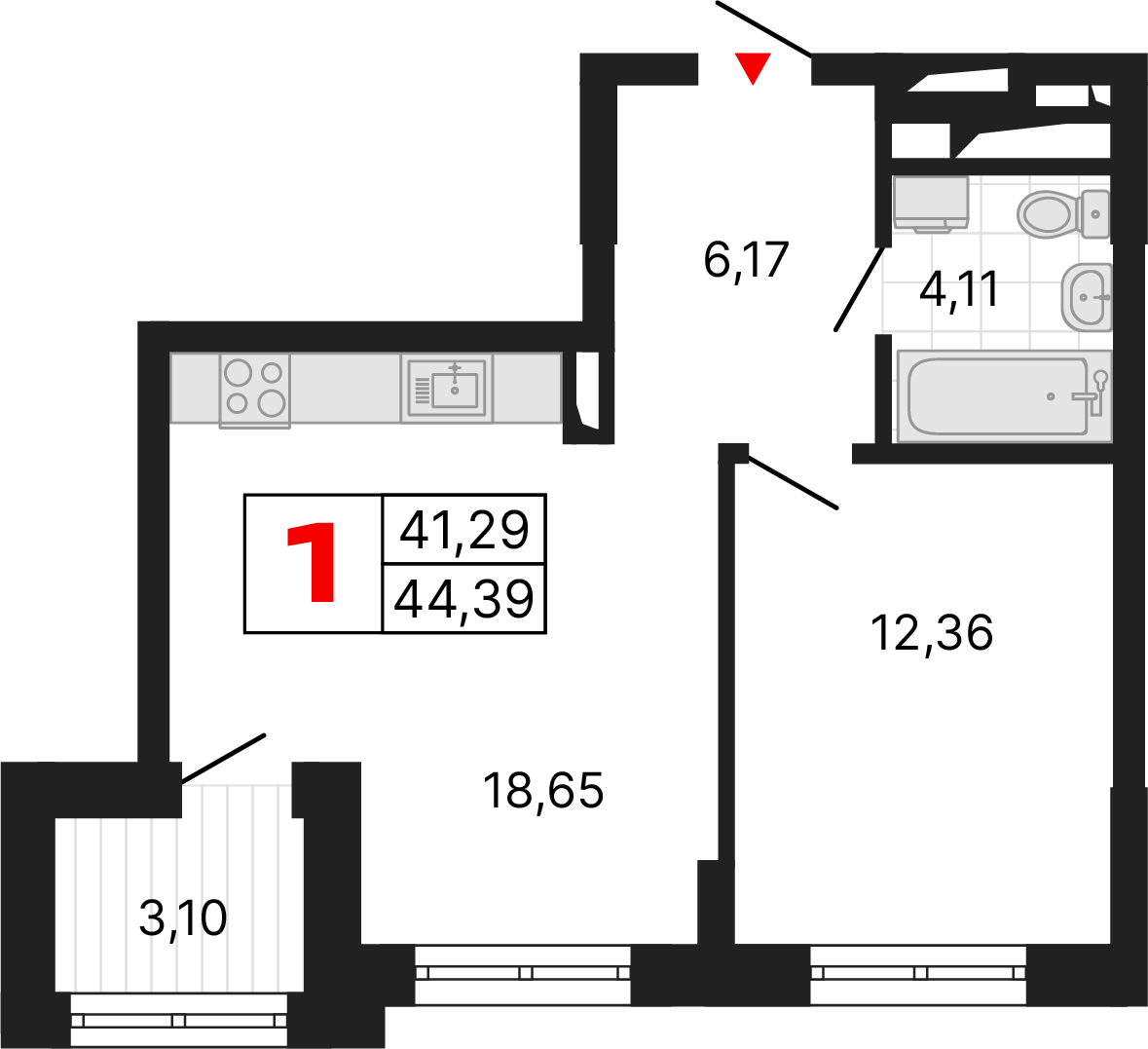 1 комната, 44,39 м²