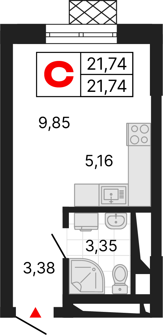1 комната, 21,74 м²