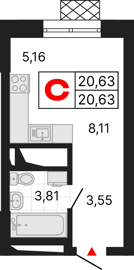 1 комната, 20,63 м²