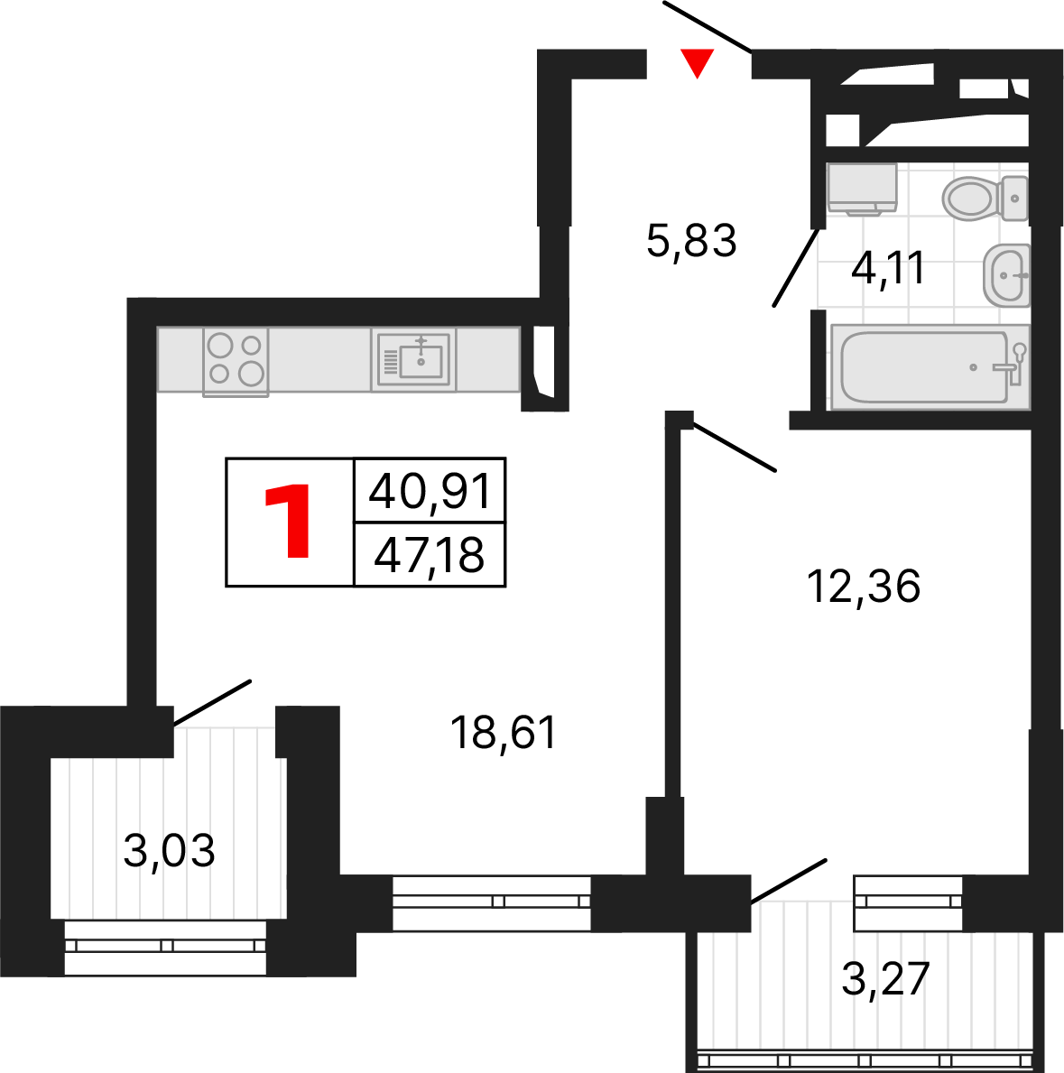 1 комната, 47,18 м²