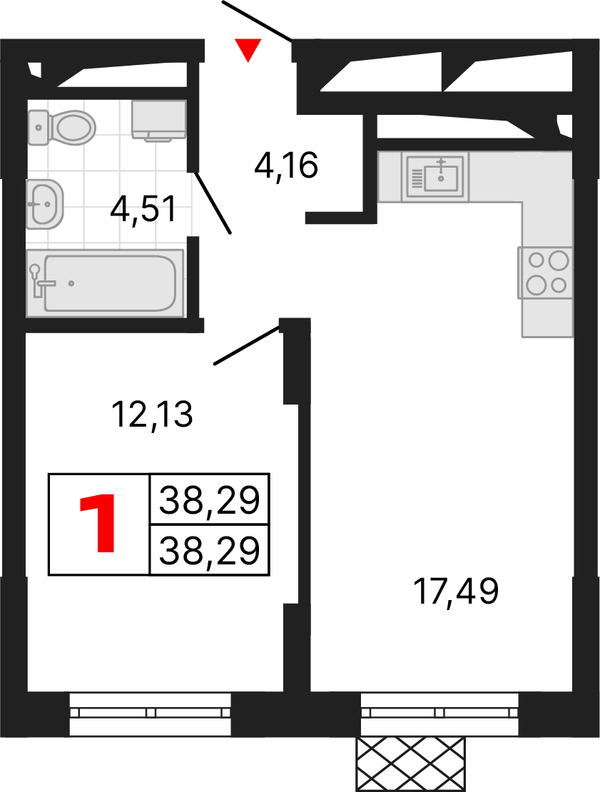 1 комната, 38,29 м²