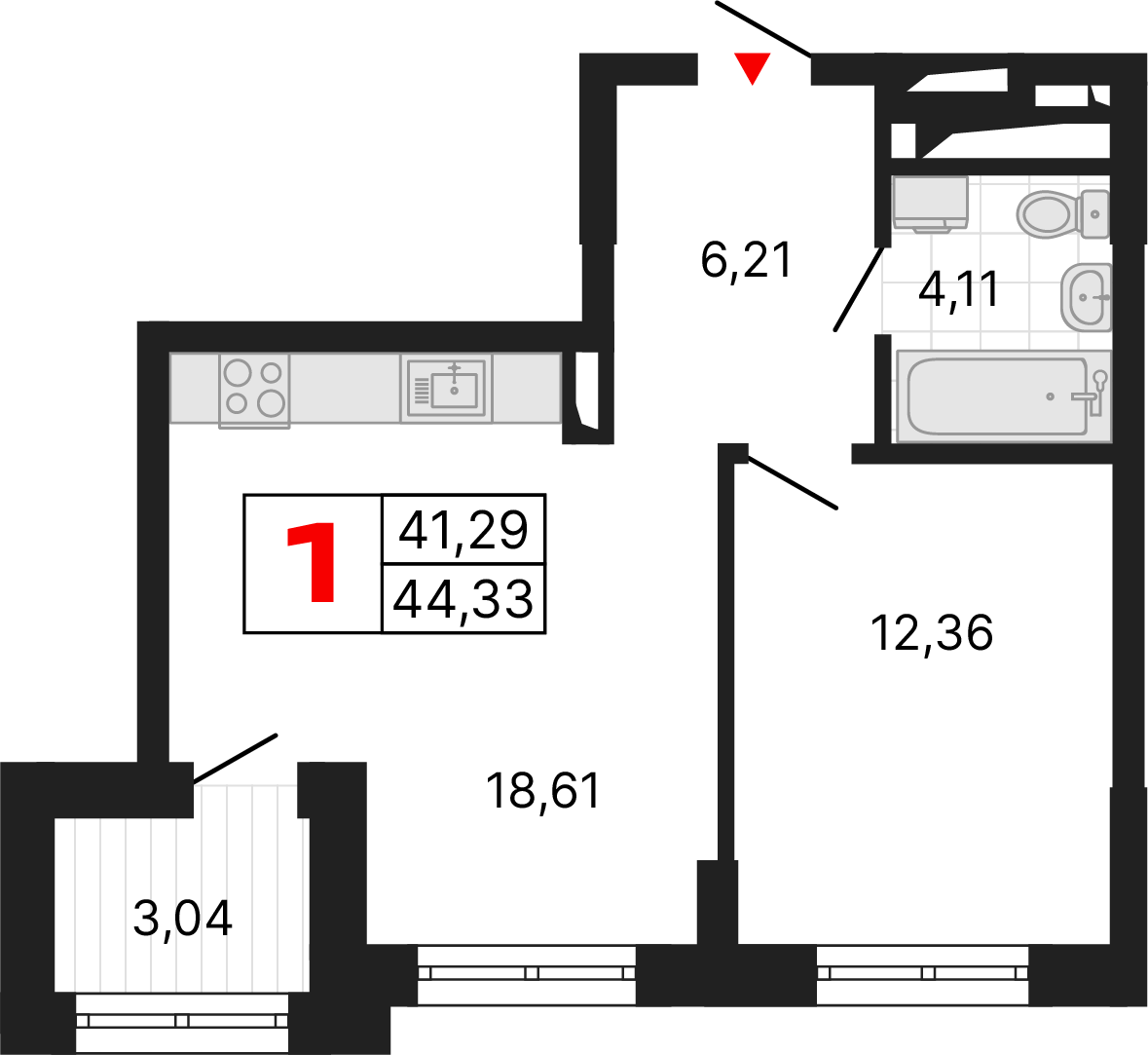 1 комната, 44,33 м²