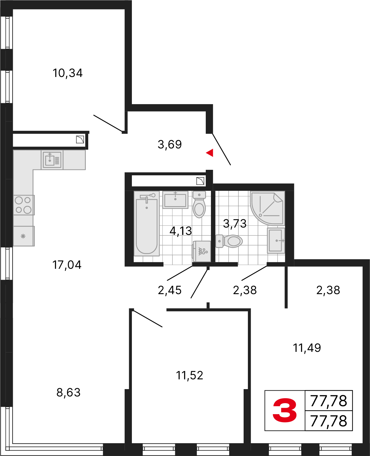 3 комнаты, 77,78 м²