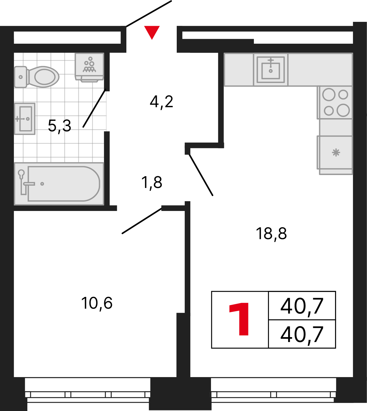 1 комната, 40,70 м²
