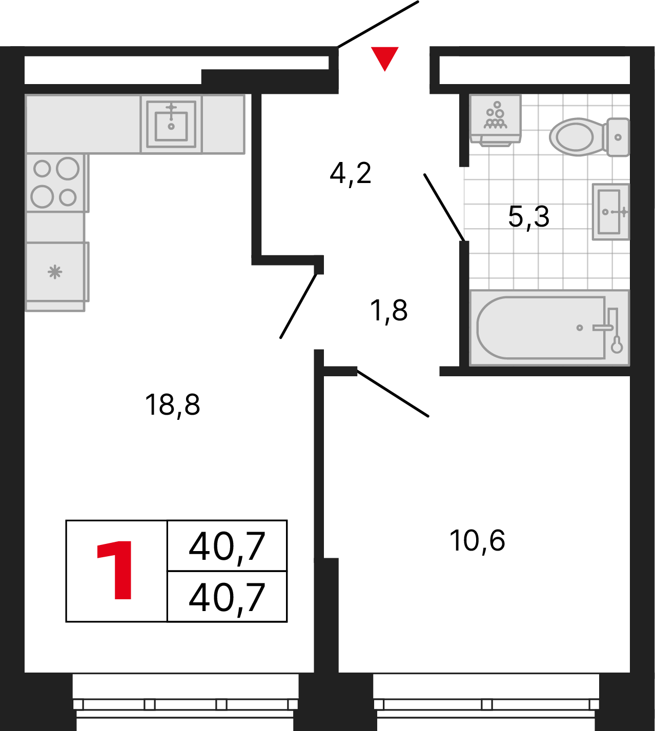 1 комната, 40,70 м²