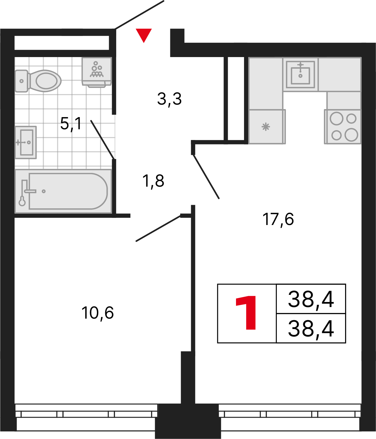 1 комната, 38,40 м²
