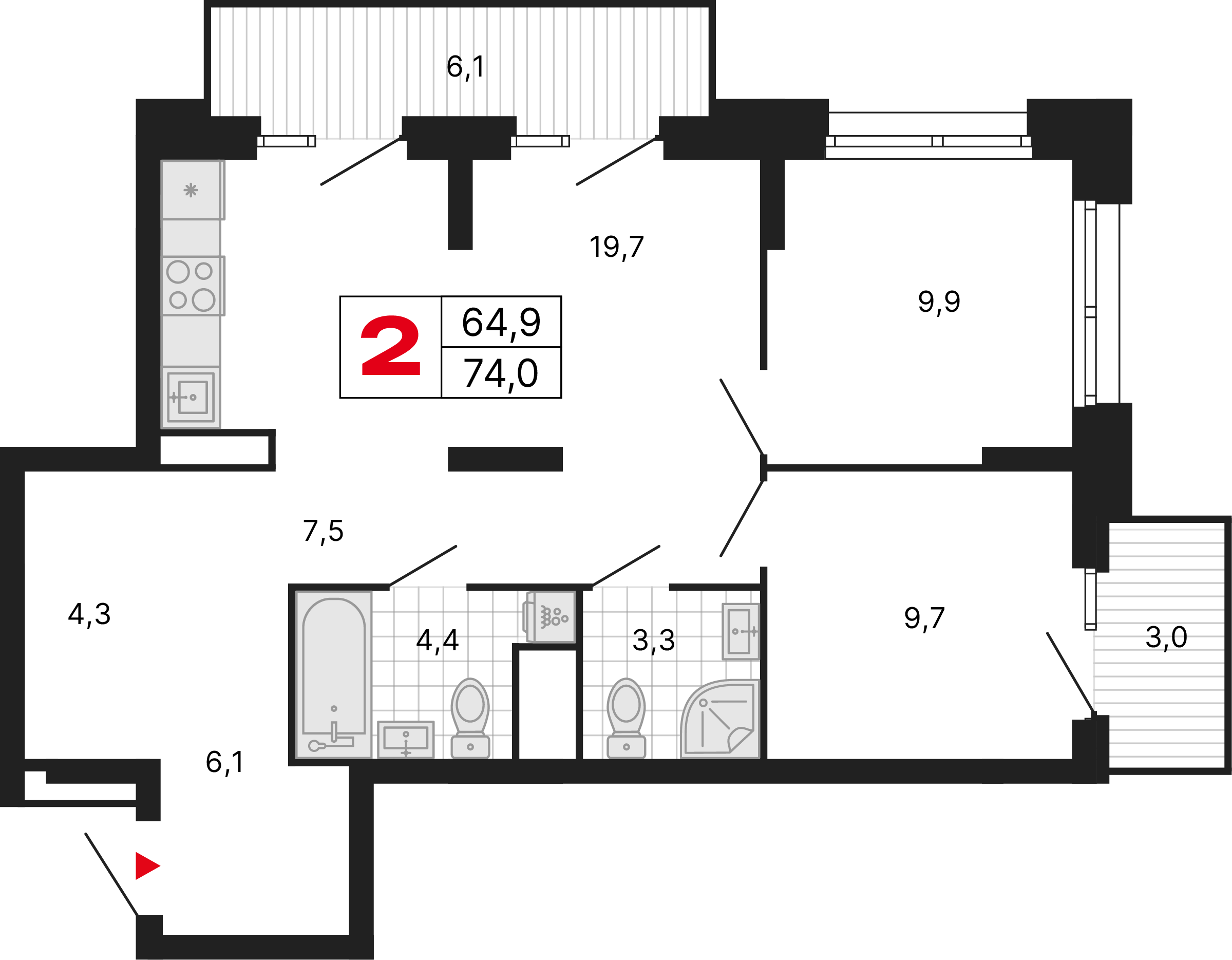 2 комнаты, 74,00 м²
