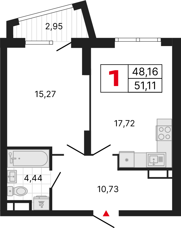 1 комната, 51,11 м²