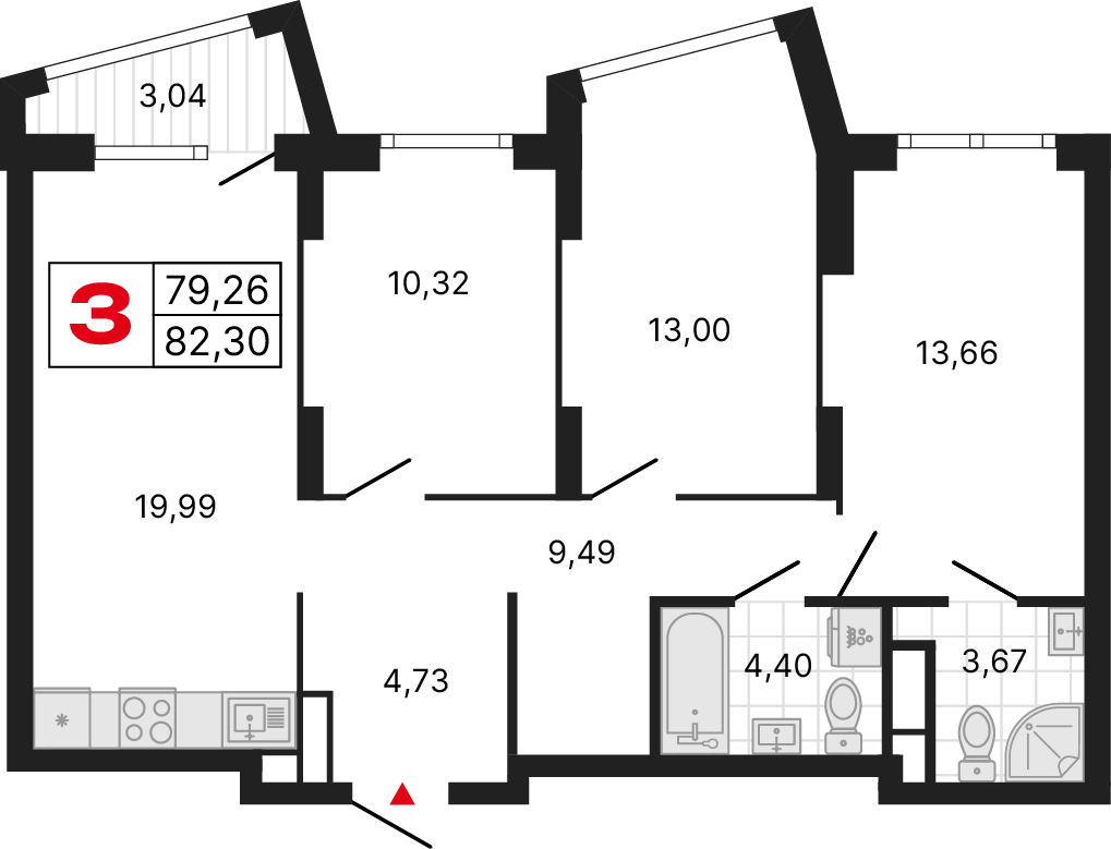 3 комнаты, 82,17 м²