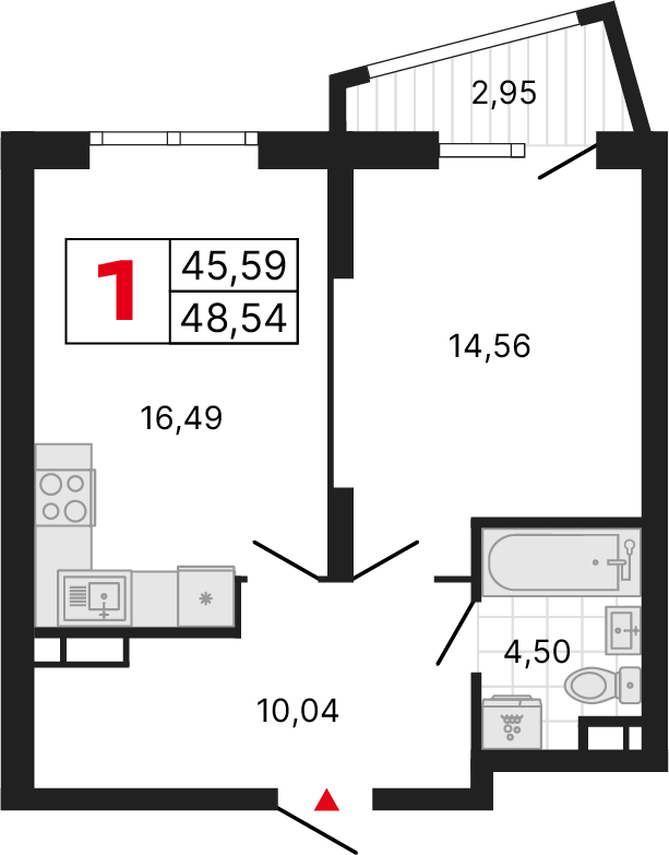 1 комната, 48,07 м²