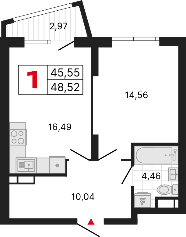 1 комната, 48,23 м²