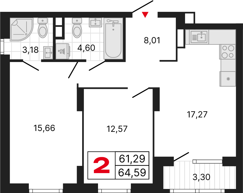 2 комнаты, 64,24 м²