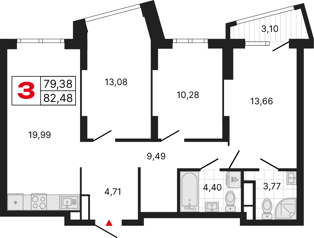 3 комнаты, 82,62 м²