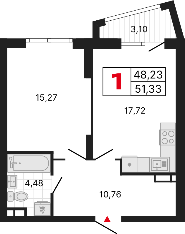 1 комната, 50,56 м²