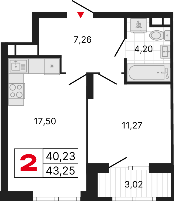 2 комнаты, 42,89 м²