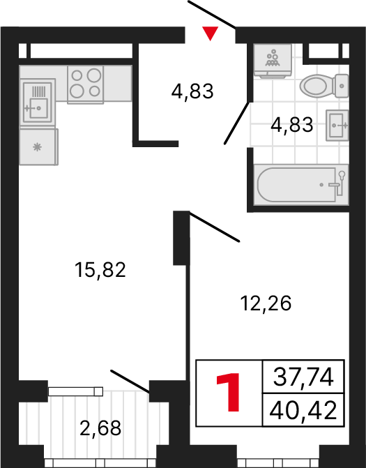 1 комната, 40,18 м²