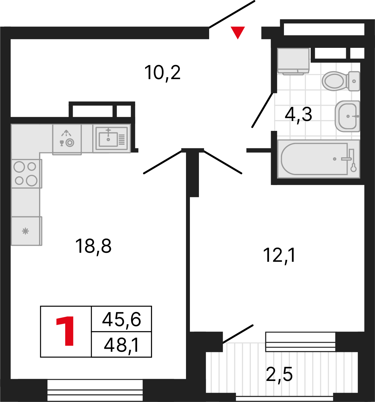 1 комната, 48,19 м²