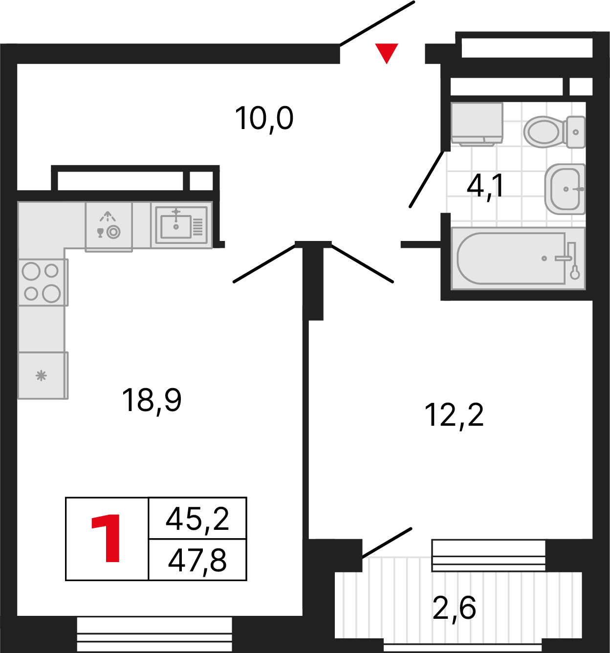 1 комната, 47,77 м²